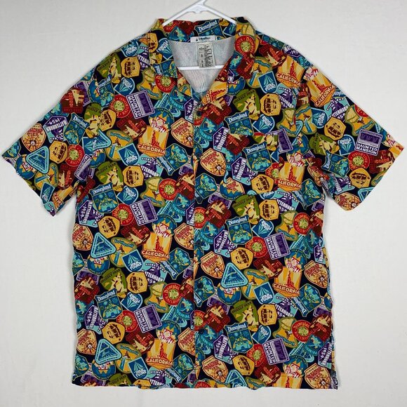 Disney Parks Attractions Badges Camp Collar Vented Butto-up Shirt XL - Picture 1 of 11